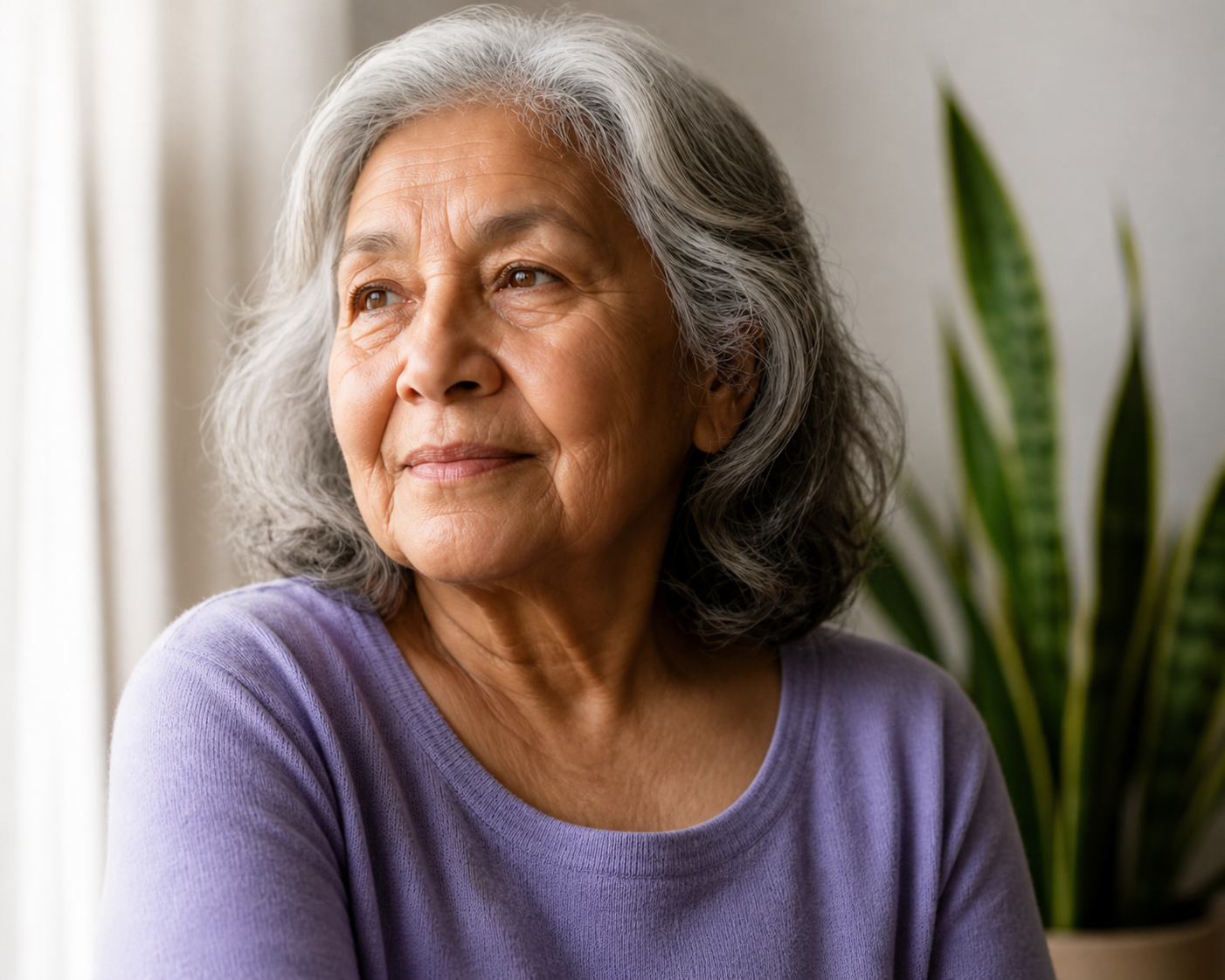 Older Latina woman in soft window light, serious but hopeful