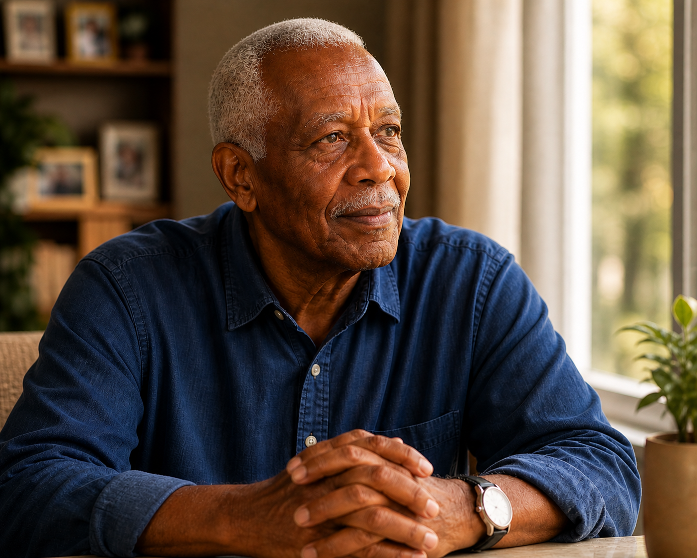 Older Black elder man with a calm expression in warm natural light