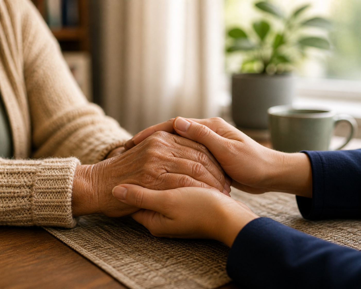 Supportive hands held during a caring conversation